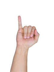 asian hand showing pinkie finger on white background