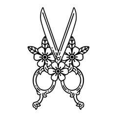 black line tattoo of a barber scissors and flowers