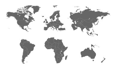 Detailed world map divided into continents and countries of gray color isolated on white background.