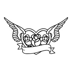 black line tattoo of a flying heart with flowers and banner