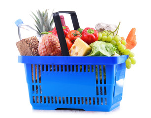 Plastic shopping basket with assorted grocery products