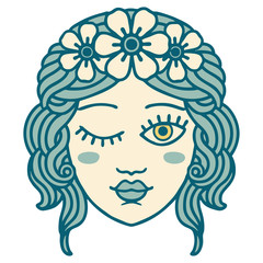 tattoo style icon of a maidens face winking