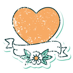 distressed sticker tattoo style icon of a heart and banner