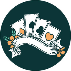 tattoo style icon of cards and banner
