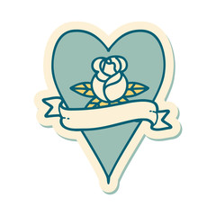 tattoo style sticker of a heart rose and banner