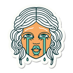 tattoo style sticker of a very happy crying female face