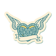 tattoo style sticker of a flying heart with flowers and banner