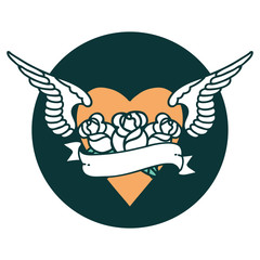 tattoo style icon of a heart with wings flowers and banner