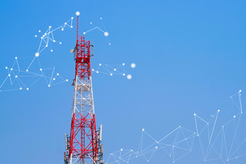 Red signal phone antenna tower and blue sky with white line and dot connection low poly triangle...