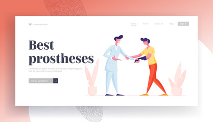 Healthcare Disability, Medicine, Therapy Appointment Website Landing Page. Doctor Shaking Hand to Invalid Handicapped Man with Arm Bionic Prosthesis Web Page Banner. Cartoon Flat Vector Illustration