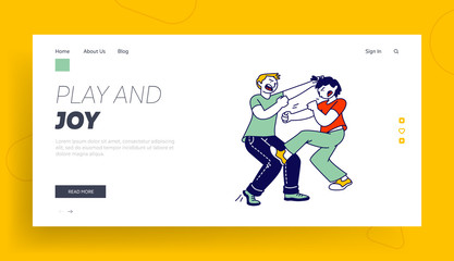 Obraz na płótnie Canvas Hyperactive Children Fighting Website Landing Page. Naughty Boys Playing, Fooling, Making Mess, Fight Around, Aggressive Behaviour, Quarrel Web Page Banner. Cartoon Flat Vector Illustration Line Art
