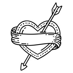black line tattoo of an arrow heart and banner