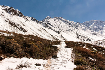 Natural Monument El Morado, Central andes of Chile. A snowy rocky mountain