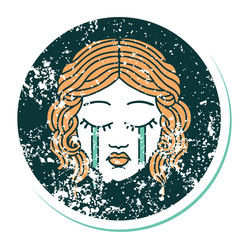 distressed sticker tattoo style icon of female face crying