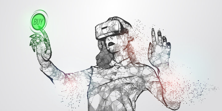VR online shopping. Polygonal woman, girl wearing virtual reality glasses, helmet. VR headset holographic low poly wireframe vector banner. A woman buys a goods and product in one click. Vector