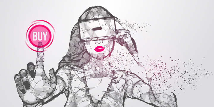 VR online shopping. Polygonal woman, girl wearing virtual reality glasses, helmet. VR headset holographic low poly wireframe vector banner. A woman buys a goods and product in one click. Vector