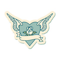 tattoo style sticker of a heart with wings a rose and banner