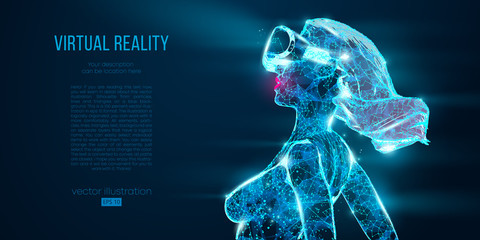 VR online shopping. Polygonal woman, girl wearing virtual reality glasses, helmet. VR headset holographic low poly wireframe vector banner. A woman buys a goods and product in one click. Neon vector