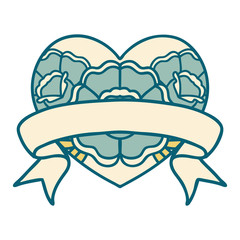 tattoo style icon of a heart and banner with flowers