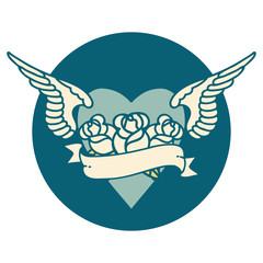 tattoo style icon of a heart with wings flowers and banner