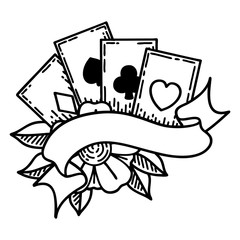black line tattoo of cards and banner
