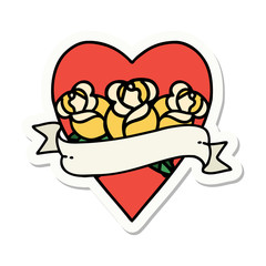 tattoo style sticker of a heart and banner with flowers