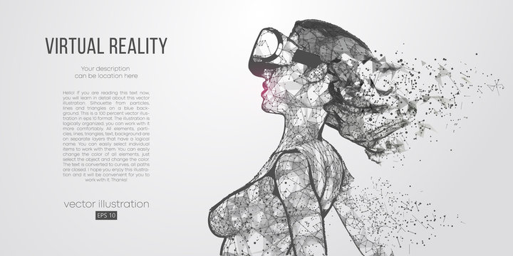 VR online shopping. Polygonal woman, girl wearing virtual reality glasses, helmet. VR headset holographic low poly wireframe vector banner. A woman buys a goods and product in one click. Vector