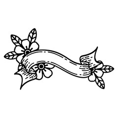 black line tattoo of a banner and flowers