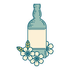 tattoo style icon of a rum bottle and flowers