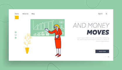 Financial School Seminar Website Landing Page. Business Trainer Stand at Blackboard with Data Analysis and Investment Statistics Charts Web Page Banner. Cartoon Flat Vector Illustration, Line Art