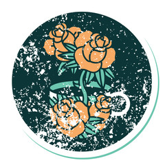 distressed sticker tattoo style icon of a cup and flowers