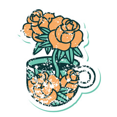distressed sticker tattoo style icon of a cup and flowers