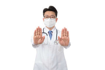 A middle-aged Asian doctor raises his hand and expresses his disapproval