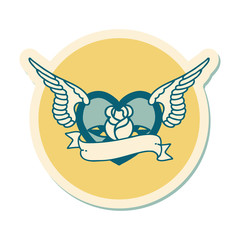 tattoo style sticker of a flying heart with flowers and banner