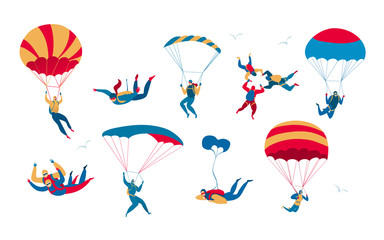People skydiving and jumping with parachute, extreme sport set, isolated on white, vector illustration. Men and women with parachutes in the sky, active leisure and extreme sport skydiving hobby set
