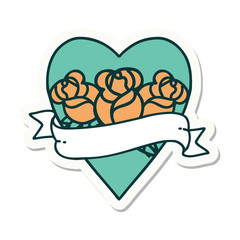 tattoo style sticker of a heart and banner with flowers