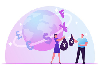 Currency Exchange Concept. Woman Give Sack with Yens for Sack of Euro. Trader Profession, Global Finance and Economics Situation, European and Japanese Money Changing Cartoon Flat Vector Illustration