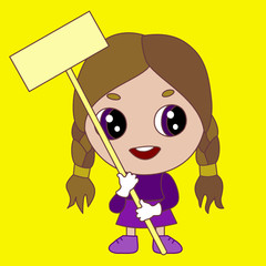 cool chibi girl stands and holds in his hands a tablet on a stick, vector color clip art on white isolated background