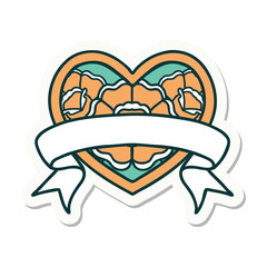 tattoo style sticker of a heart and banner with flowers