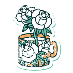 distressed sticker tattoo style icon of a cup and flowers