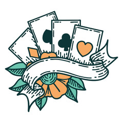 tattoo style icon of cards and banner