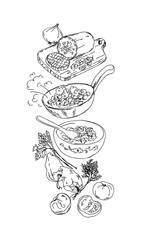 Vegetable stew is prepared in a pan, vegetable stew recipe. Hand-drawn vector illustration