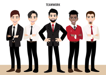 Cartoon character with business team set or leadership concept with businessmen. Vector illustration in cartoon style.
