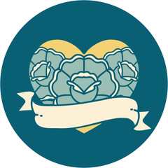 tattoo style icon of a heart and banner with flowers
