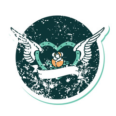 distressed sticker tattoo style icon of a flying heart with flowers and banner