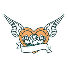 tattoo style icon of a flying heart with flowers and banner