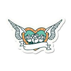 tattoo style sticker of a flying heart with flowers and banner