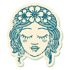distressed sticker tattoo style icon of female face with eyes closed