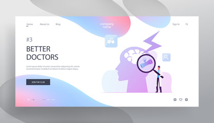 Insult Disease Symptoms, Neuroscience and Neurosurgery Website Landing Page. Doctor Holding Glass Looking on Human Head with Apoplexy Attack in Brain Web Page Banner. Cartoon Flat Vector Illustration