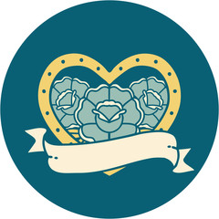 tattoo style icon of a heart and banner with flowers